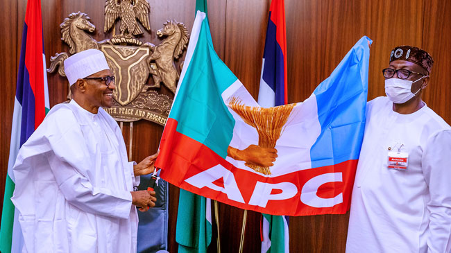 President Muhammadu President Muhammadu Buhari presents party flag and endorses Pastor Osagie Ize Iyamu as APC governorship candidate on Friday August 7, 2020 at the Presidential Villa, Abuja