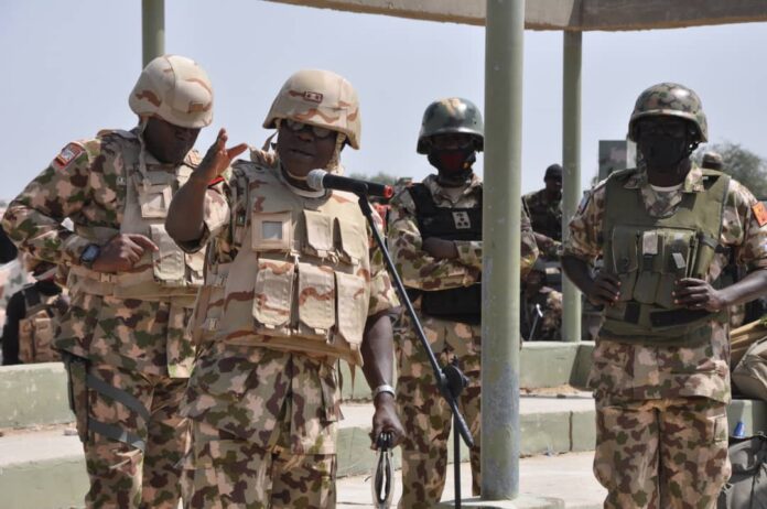 Theatre Commander Gen Faruk Yahaya addressing the troops