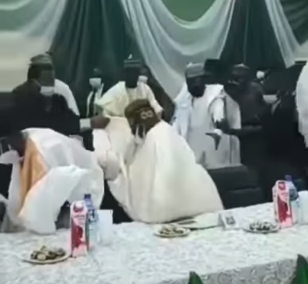 A screengrab from a short video clip of Bola Tinubu losing a step at Arewa House Lecture on Saturday March 27 in Kaduna.