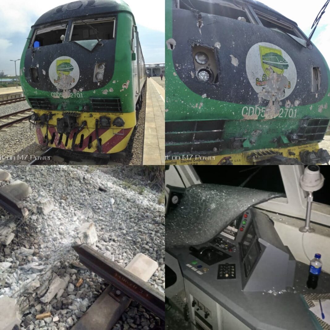 Photo collage of the damages on the train and tracks