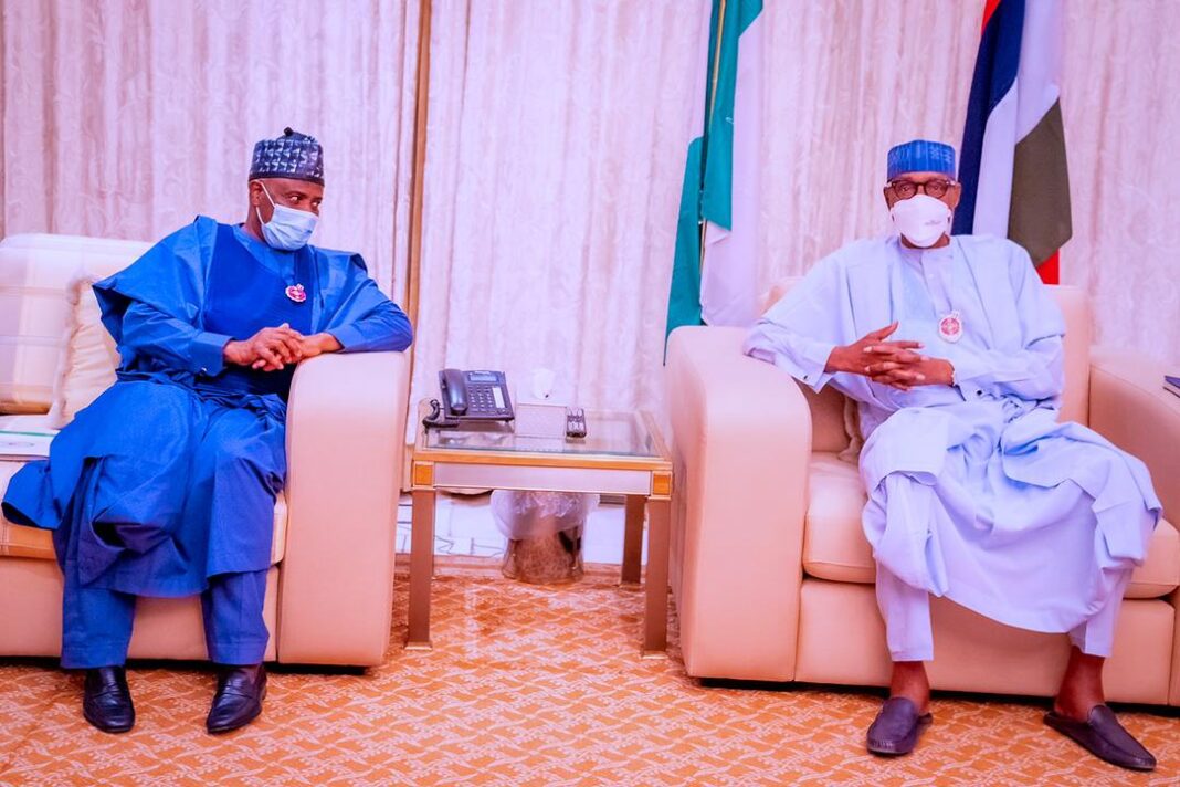 Governor Aminu Tambuwal (left) with President Muhammadu Buhari (right)