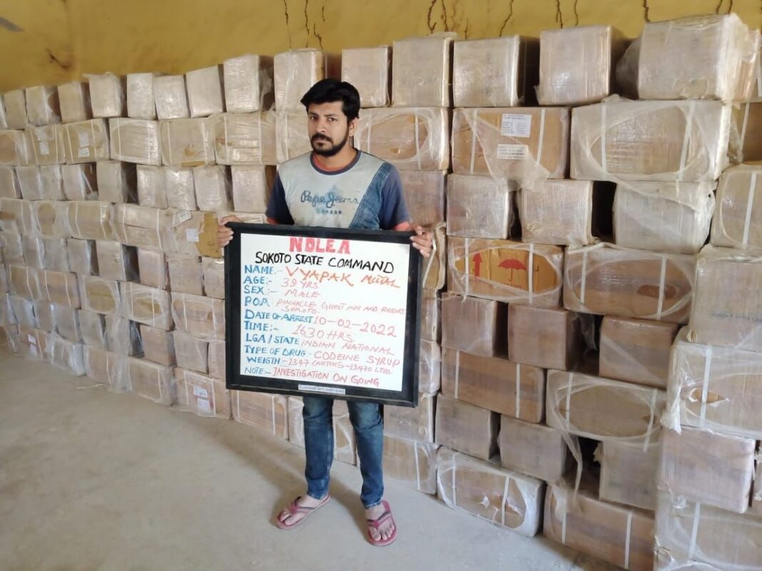 The National Drug Law Enforcement Agency (NDLEA), has arrested an Indian businessman, Vyapak Nutal, over the smuggling of 134,700 bottles of codeine syrup