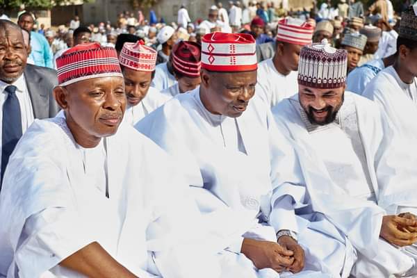 Kwankwaso (middle), Abba Kabir Yusuf (left) and Sheikh Aminuddeen (right) at the Eid ground.