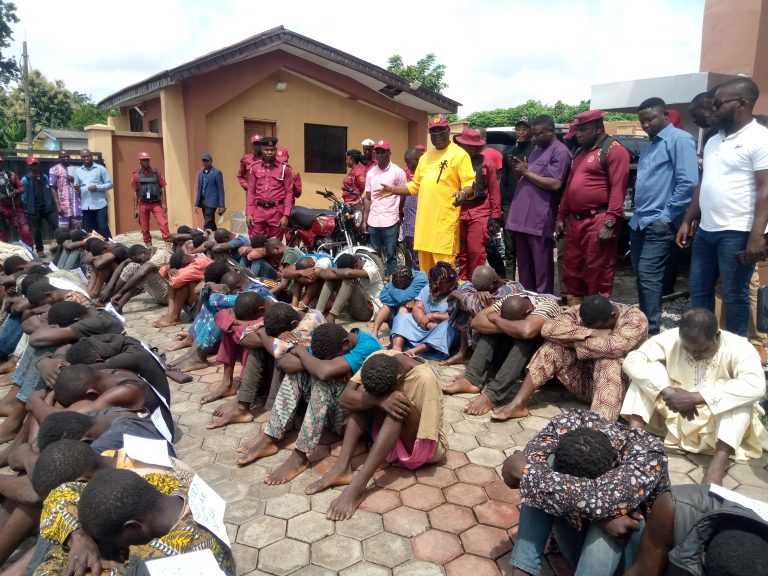 Ondo Amotekun Corps Commander, Akogun Adetunji Adeleye, parading the suspects in Akure on Tuesday.