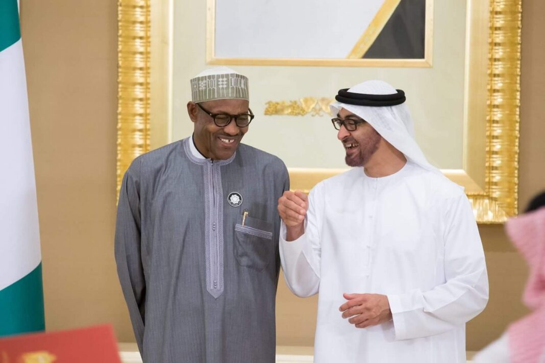 President Muhammadu Buhari with the Crown Prince of Abu Dhabi, Sheikh Mohammed bin Zayed Al Nahyan