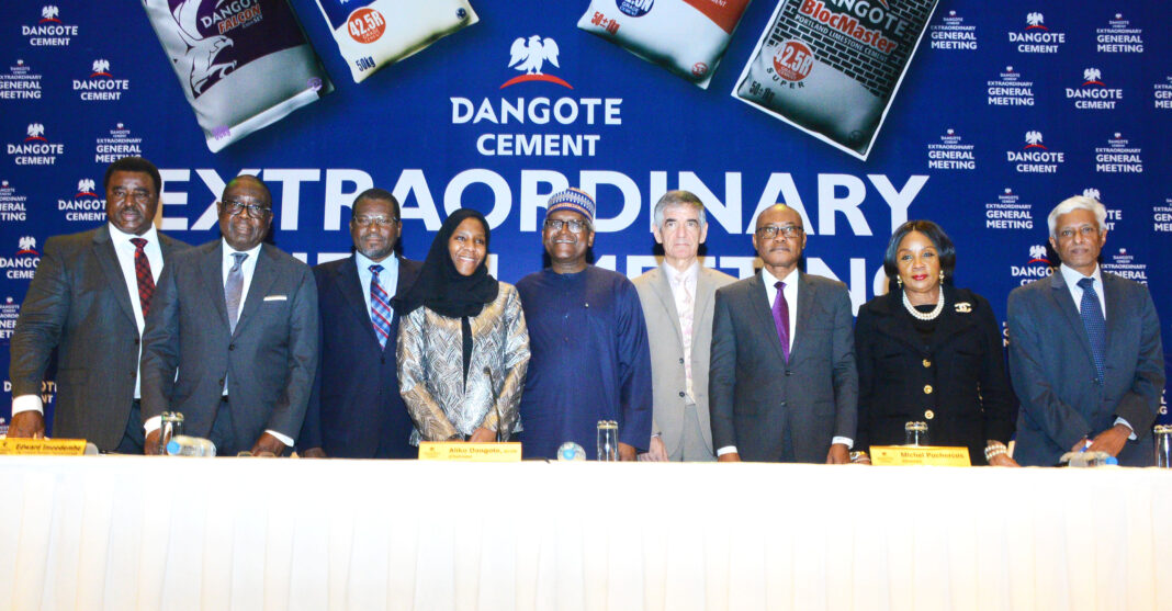 Acting Company Secretary, Dangote Cement Plc, Edward Imoedemhe; Independent Non-Executive Director, Dangote Cement Plc, Ernest Ebi; Non-Executive Director, Dangote Cement Plc, Abdu Dantata; Non-Executive Director, Dangote Cement Plc, Halima Aliko-Dangote; Chairman, Dangote Cement Plc, Aliko Dangote; Group Managing Director, Dangote Cement Plc, Michel Puchercos; Non-Executive Director, Dangote Cement Plc, Olakunle Alake; Non-Executive Director, Dangote Cement Plc, Dorothy Ufot, SAN; and Deputy Group Managing Director, Dangote Cement Plc, Philip Mathew, at the Extraordinary General Meeting of Dangote Cement Plc, held in Lagos on December 13, 2022.