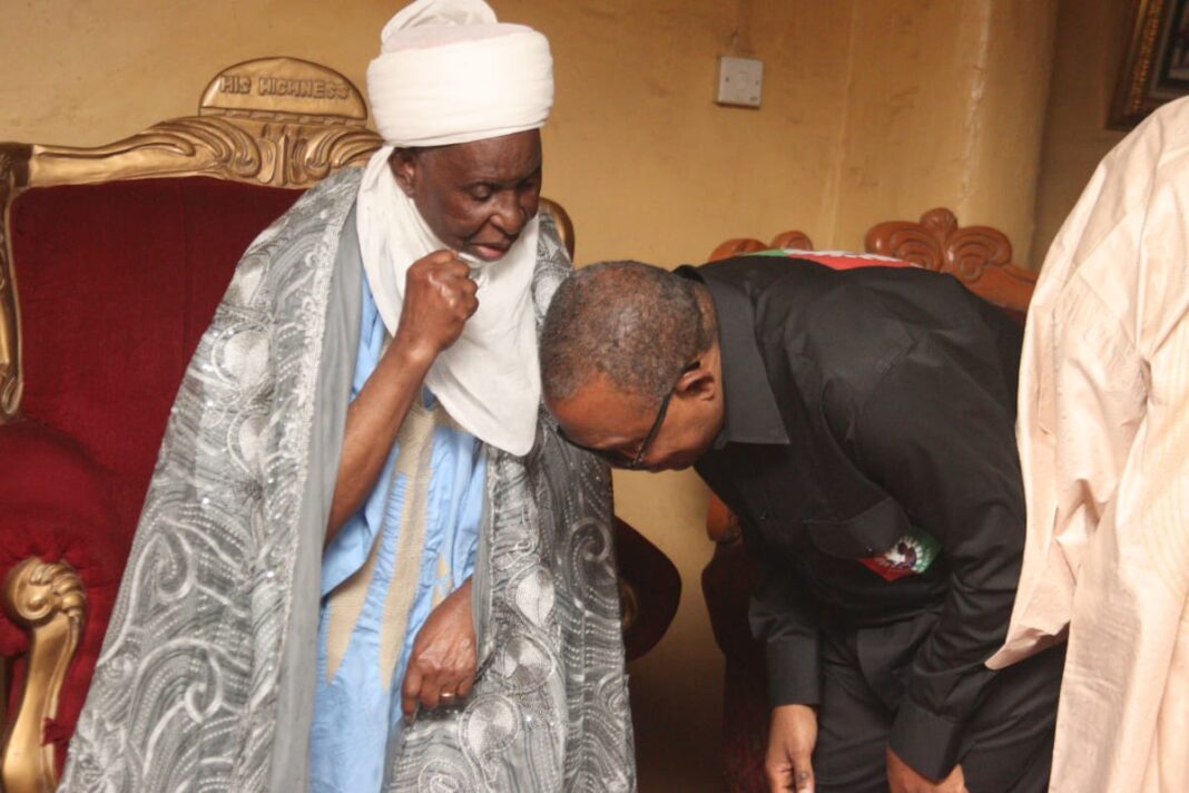Peter Obi greets the chief of Kagoro His Royal Highness Ufuwai Bonet
