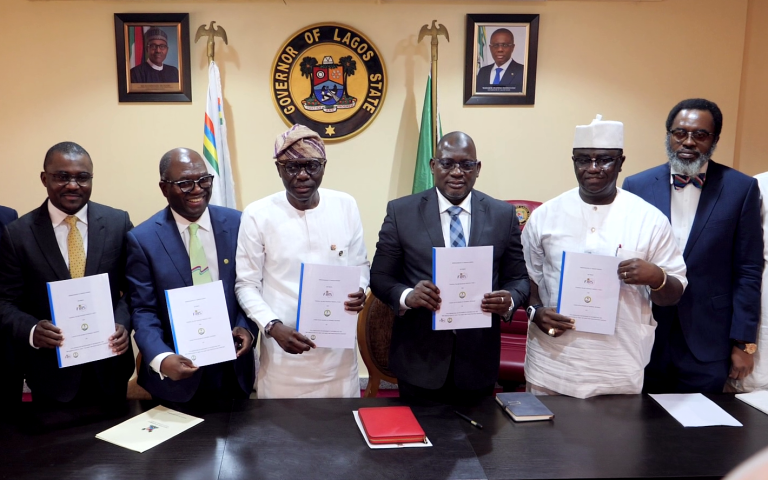 L-R: Lagos State Commissioner for Finance, Dr Rabiu Olowo Onaolapo, Executive Chairman, LIRS, Mr Ayodele Subair, Lagos State Governor, Babajide Sanwo-Olu, Executive Chairman, FIRS, Muhammad Mamman Nami, Minister of State for Finance, Budget and National Planning, Mr Clement Agba and Lagos state Attorney-General & Commissioner for Justice, Mr Moyosore Onigbanjo SAN during the signing of MoU between the Lagos State Internal Revenue Service (LIRS) and Federal Inland Revenue Service (FIRS) held at the Lagos State House, Marina on Monday, Feb. 6, 2023