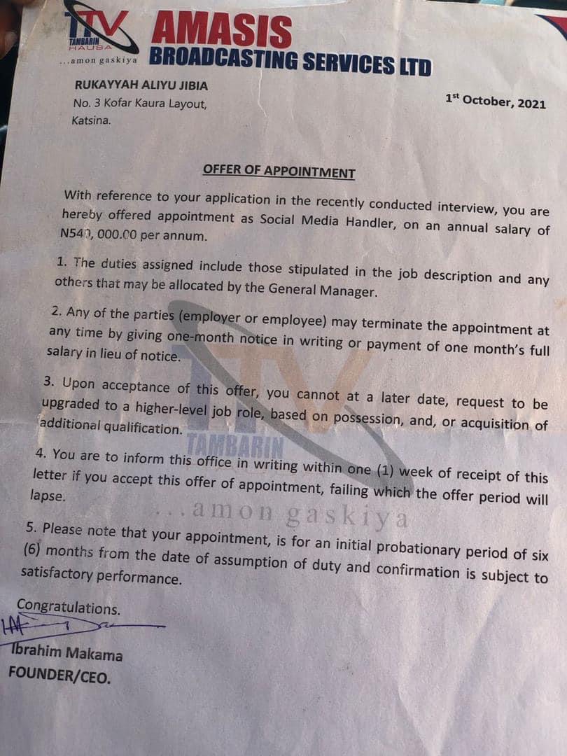 Rukayyah Aliyu Jibia TTV appointment letter