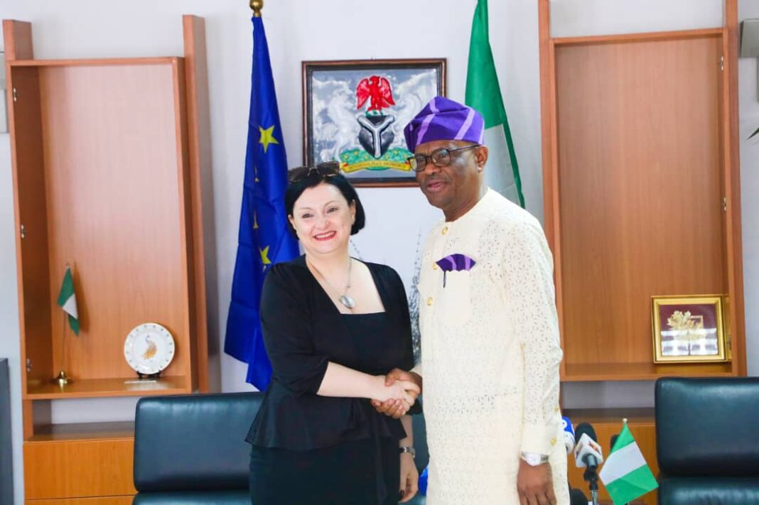European Union (EU) Ambassador to Nigeria, Ms Samuela Isopi and the Minister of the Federal Capital Territory (FCT), Mr Nyesom Wike, during the ambassador’s visit in Abuja on Monday.