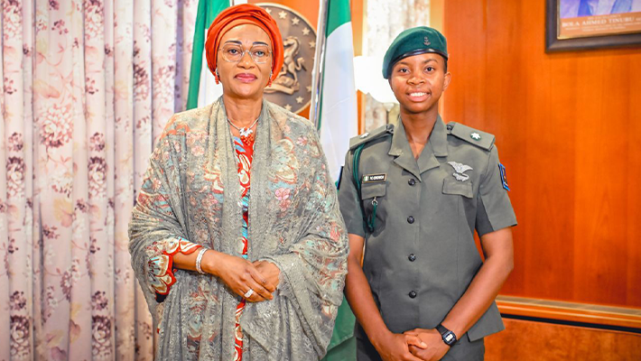 First Lady receives 1st Nigerian female British military academy graduate in Abuja
