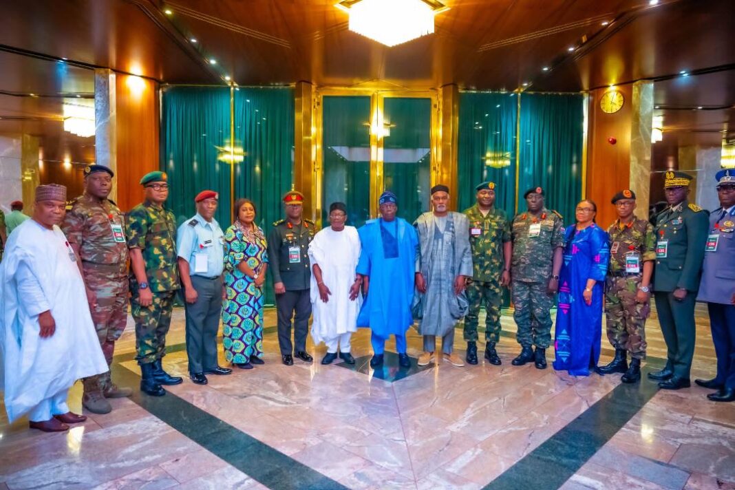 President Bola Tinubu with ECOWAS Chiefs of Defence Staff at the State House, Abuja, on Friday
