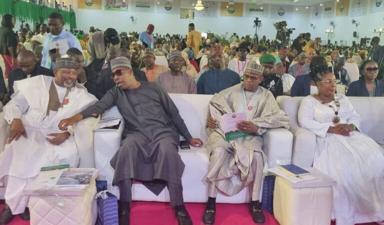 From left:Minister of Agriculture and Food Security Sen.Abubakar Kyari,Gov.Babagana Zulum,Minster of State for Works ,Bello Goronyo and the NSE President Margaret Oguntala during the 2024 NSE annual conference.