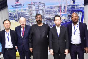 From left: Trade Commissioner/ Managing Director, Japan External Trade Organisation (JETRO) Lagos, Takashi Oku; Group Executive Director, Dangote Cement Plc, Knut Ulvmoen; Vice President, Oil & Gas, Dangote Industries Ltd., Devakumar Edwin; Ambassador – Designate of Japan to Nigeria, Suzuki Hideo; Director – Service, Yokogawa Nigeria Ltd., Olushola Olanlehin, during the visit of Japanese Business Community in Nigeria, to Dangote Petroleum Refinery & Petrochemicals and Fertiliser complexes in Lekki, on Friday.