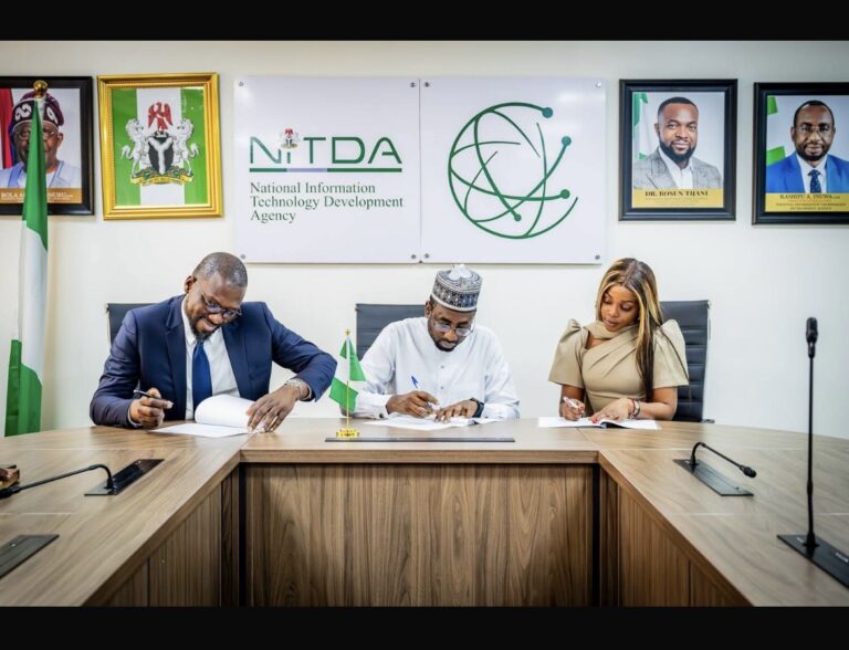 D-G NITDA, Kashifu Inuwa, CEO Flutterwave, Olugbenga Agboola, and Alami’s CEO, Ms. Olu White during the signing of the MoU