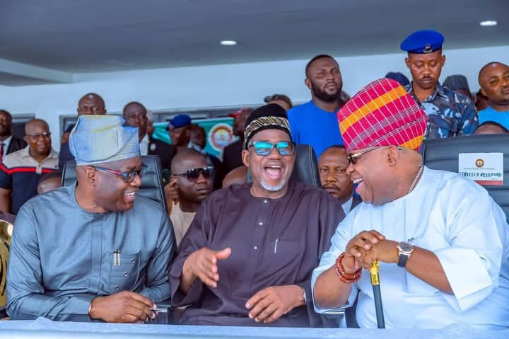From L-R- Gov. Seyi Makinde of Oyo State, his Bauchi counterpart, Bala Mohammed and Gov. Ademola Adeleke at the swearing-in ceremony in Osogbo