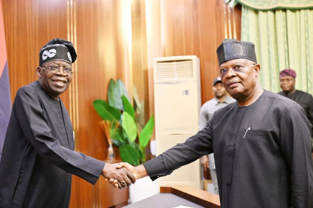 President Bola Ahmed Tinubu (right), Congratulating the Newly Appointed Administrator of Rivers State, retired Vice Admiral Ibok-Ete Ekwe Ibas, after his Swearing-in Ceremony at Presidential Villa, Abuja, on Wednesday