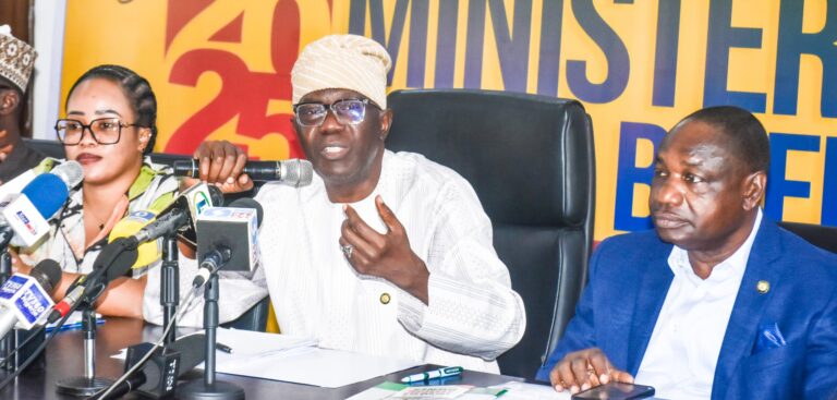 Pic From left, Special Adviser to the Governor on Housing, Barr. Barakat Oduniga-Bakare; Lagos State Commissioner for Housing, Mr Moruf Akinderu-Fatai and Lagos State Commissioner for Information and Strategy, Mr Gbenga Omotoso during the Lagos State Government Year 2025 Ministerial Press Briefing by the Ministry of Housing in Lagos on Tuesday (13/05/25)